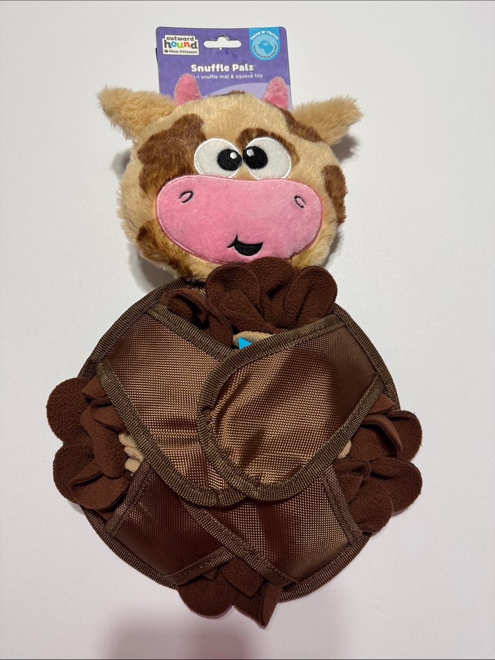 Outward Hound Plush Cow Snuffle Toy in Brown & Pink